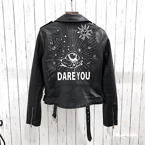 NWOT Black faux leather graffiti studded jacket - Picture 3 of 16